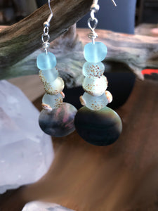 Abalone Shell, Lampwork and Sea Glass Earrings
