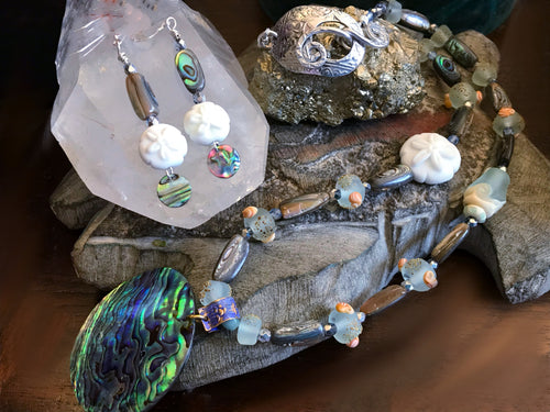 Paua Shell, Abalone and Lampwork Necklace and Earrings