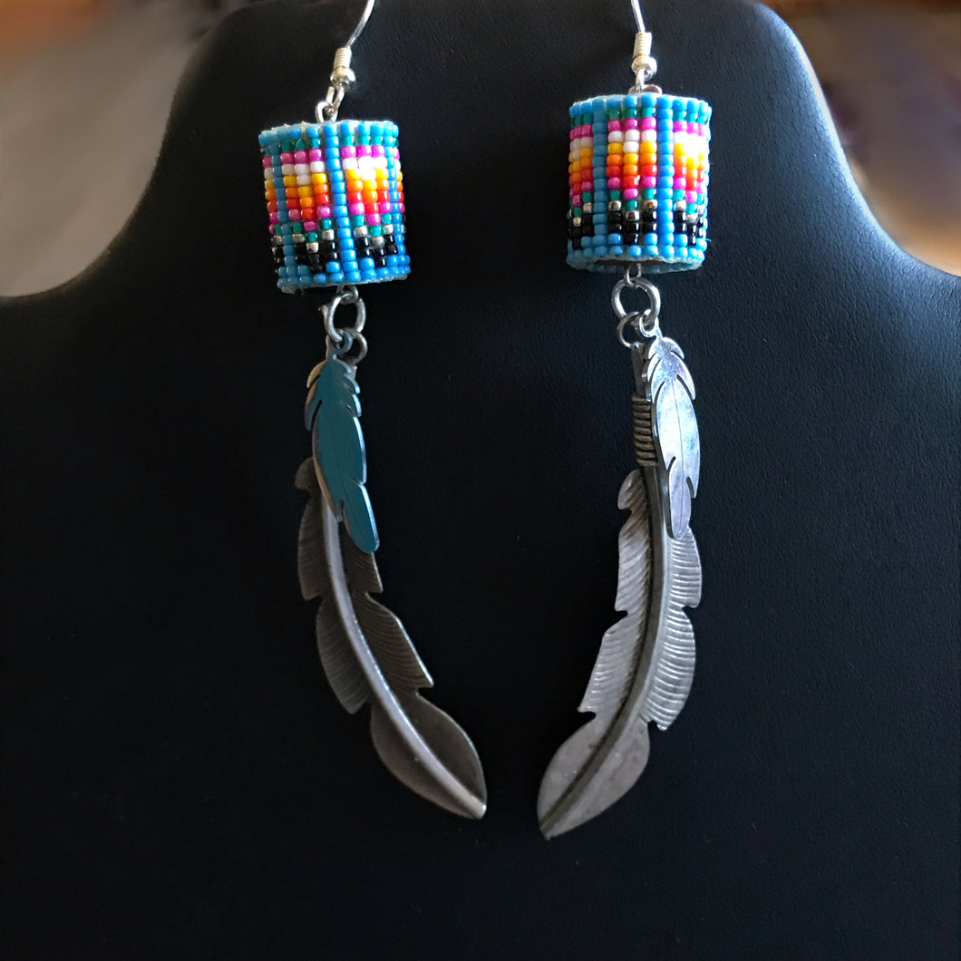 Beaded Drum and Sterling Feather Earrings