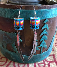 Load image into Gallery viewer, Beaded Drum and Sterling Feather Earrings