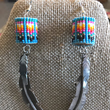 Load image into Gallery viewer, Beaded Drum and Sterling Feather Earrings