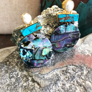 Paua Shell, Turquoise and Pearl Earrings