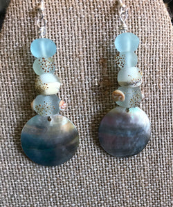 Abalone Shell, Lampwork and Sea Glass Earrings